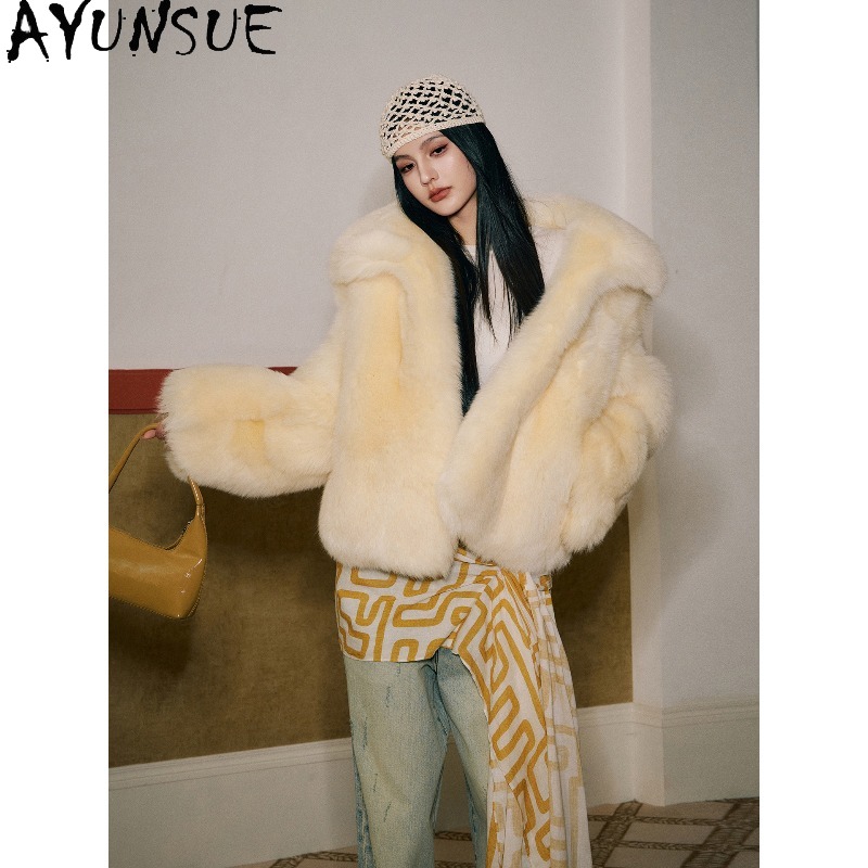 AYUNSUE Real Fox Fur Coats Wom - Yellow Winter Clothing review and price